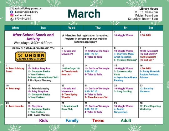 March 2024 Calendar for Eaton Public Library