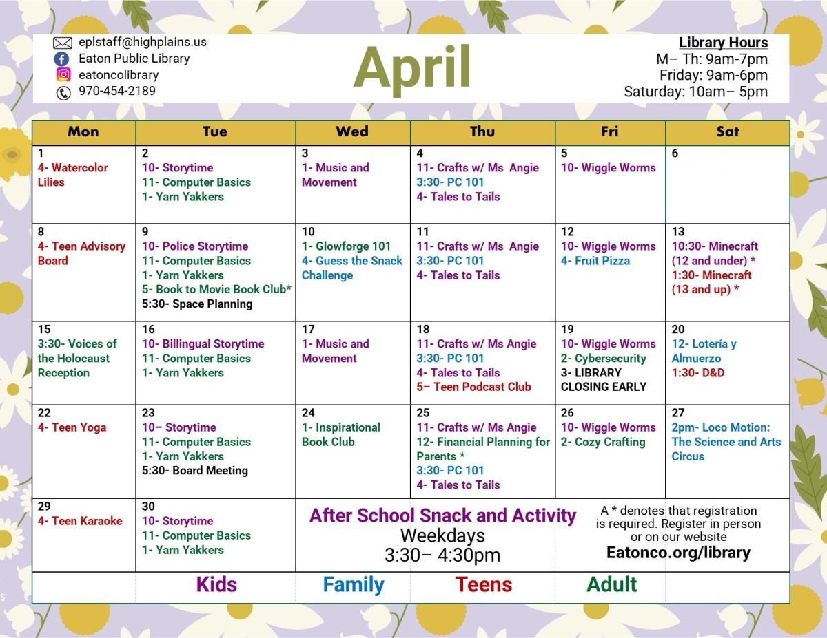 Eaton Public Library April Calendar 2024