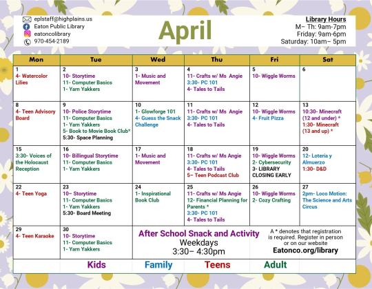 Eaton Public Library April Calendar 2024
